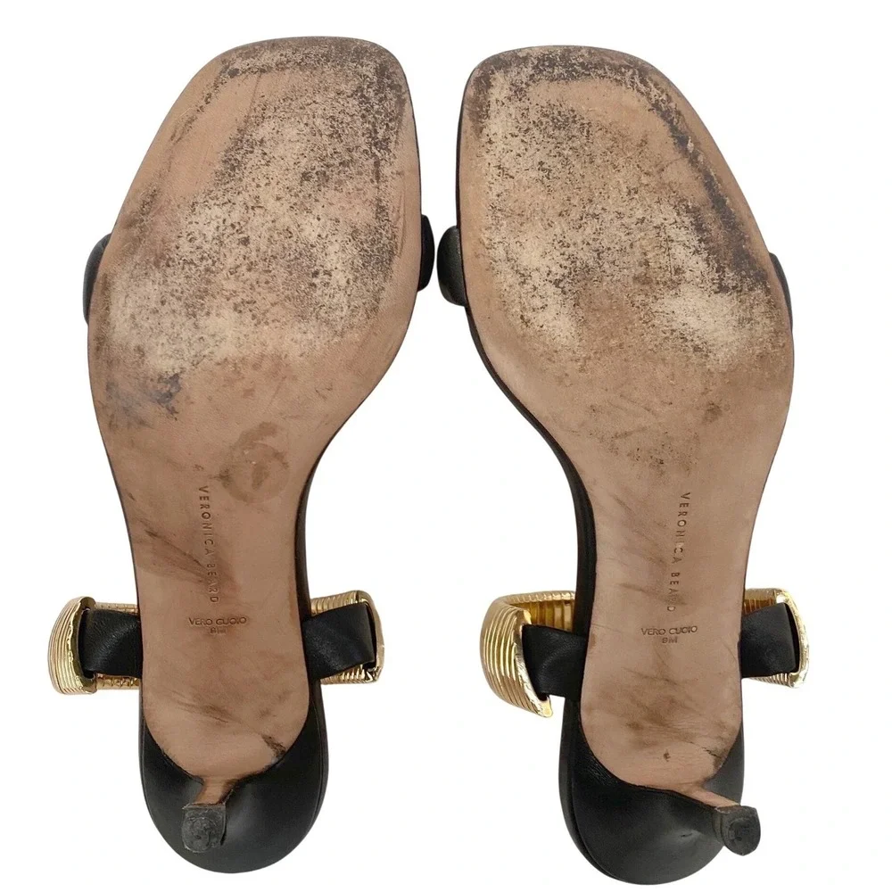 VERONICA BEARD Meena Heeled Sandals Size 9 Black Leather Gold Luxury Designer‎